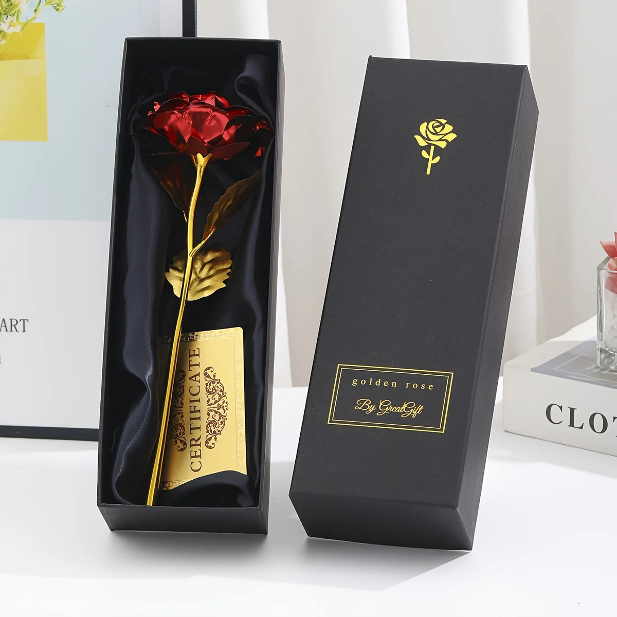Vergoldete Ewige Rose mit Geschenkbox & Grußkarte – Künstliche Ewige Rose als Deko-Geschenk zum Valentinstag, Muttertag & Jahrestag