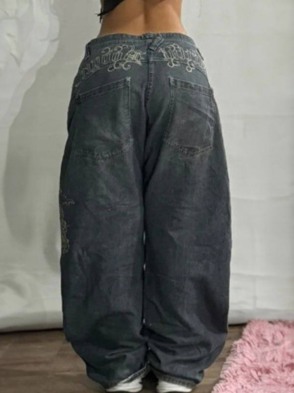 SUENTA Schwarze amerikanische Retro-High-Street-Boyfriend-Jeans mit weitem Bein