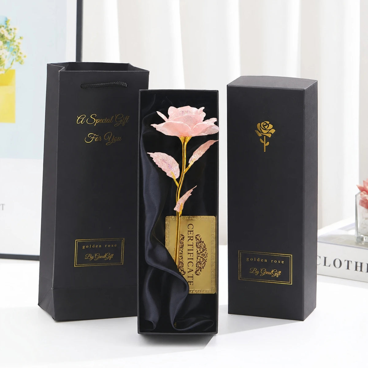 Vergoldete Ewige Rose mit Geschenkbox & Grußkarte – Künstliche Ewige Rose als Deko-Geschenk zum Valentinstag, Muttertag & Jahrestag