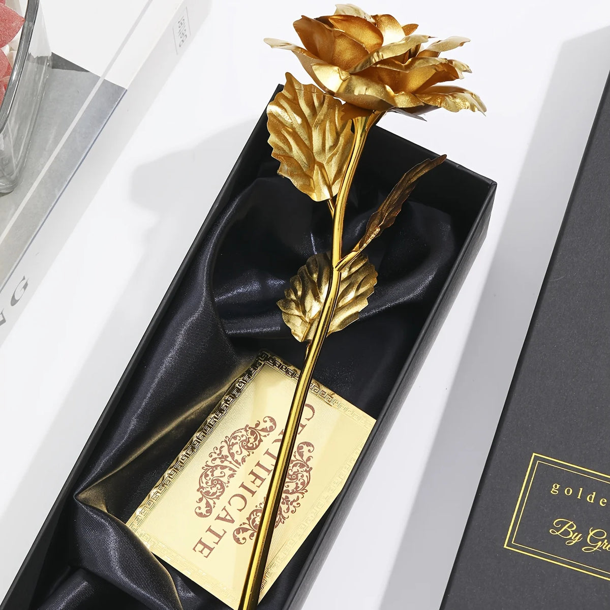 Vergoldete Ewige Rose mit Geschenkbox & Grußkarte – Künstliche Ewige Rose als Deko-Geschenk zum Valentinstag, Muttertag & Jahrestag