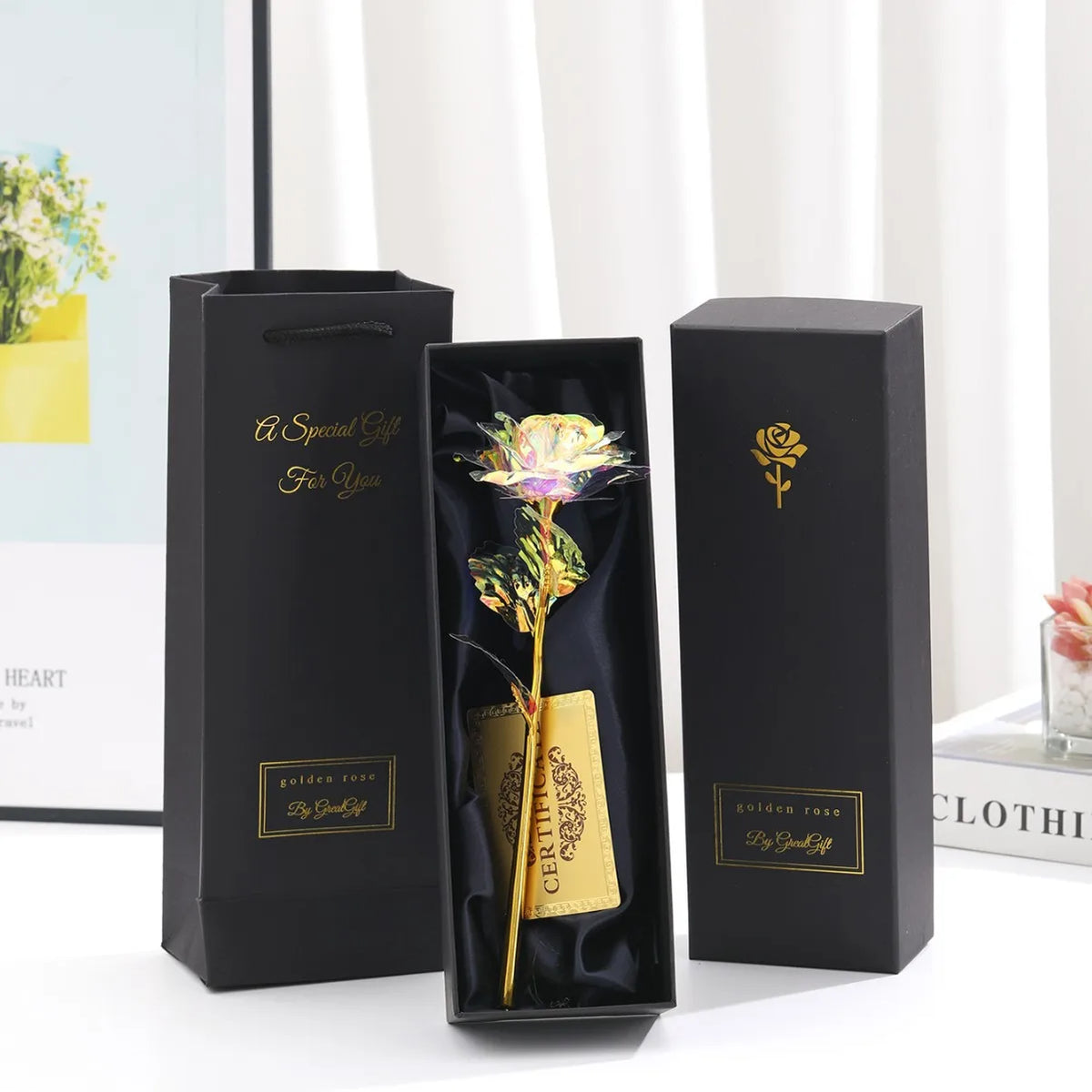 Vergoldete Ewige Rose mit Geschenkbox & Grußkarte – Künstliche Ewige Rose als Deko-Geschenk zum Valentinstag, Muttertag & Jahrestag