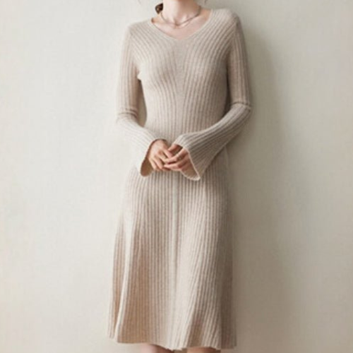 SUENTA A-Linien-Kleid Geripptes Kleid V-Ausschnitt langen Ärmeln Beige