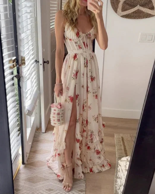 SUENTA Damen Maxi-Sommerkleid – Floraler Blumendruck & Luftige Weiblichkeit Weiß