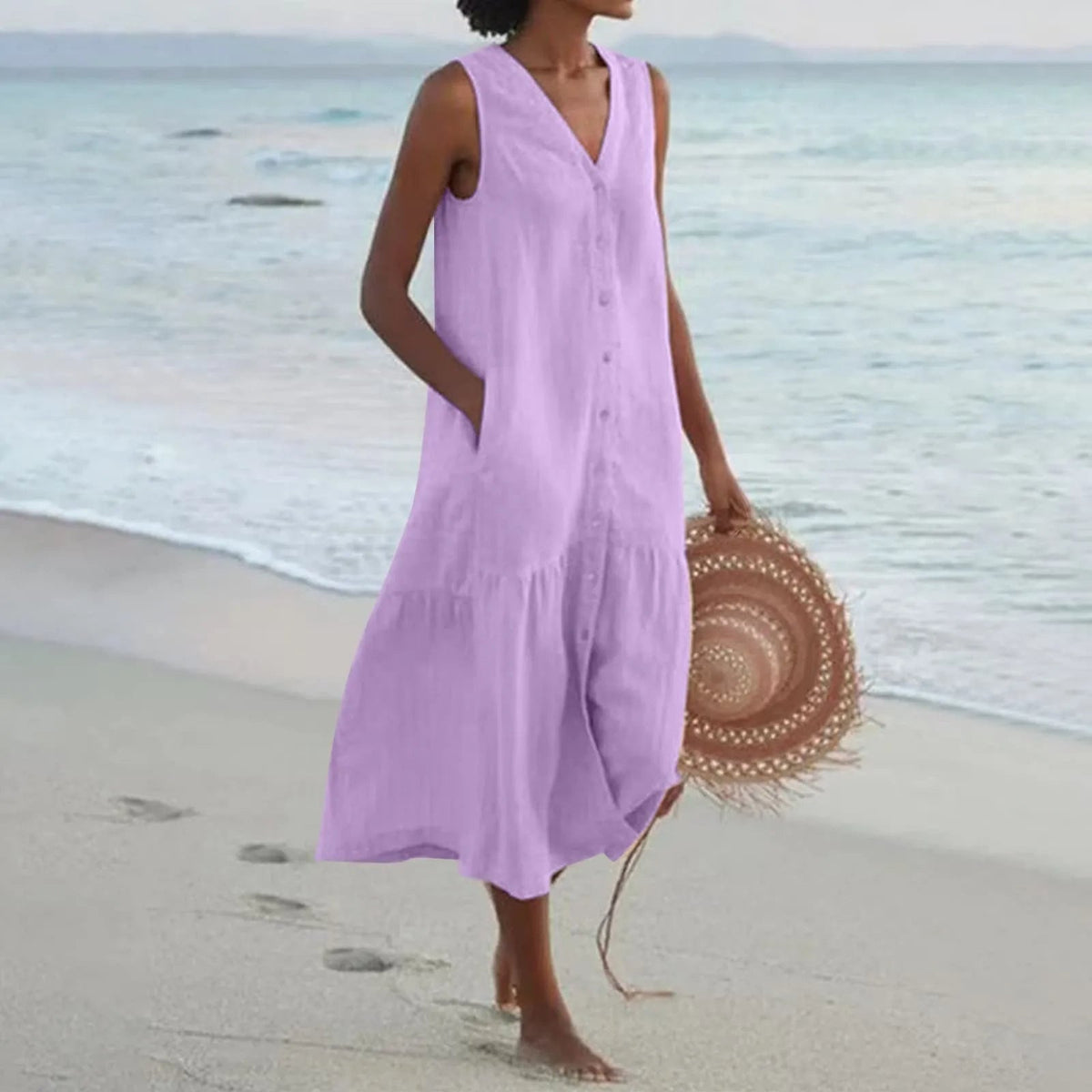 SUENTA Damen Midi-Sommerkleid – Knopfleiste & Kühlender Strand-Stil Lila
