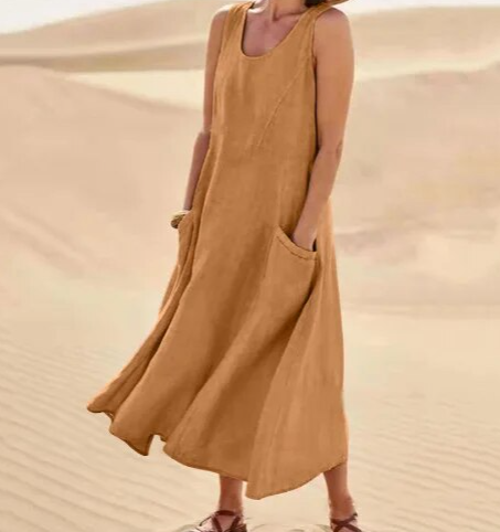 SUENTA Damen Midi-Sommerkleid – Rundhalsausschnitt & Vielseitiger Stil Braun
