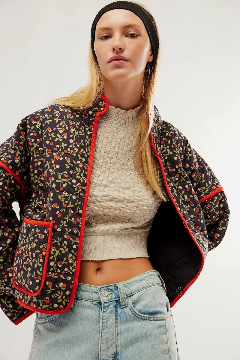 SUENTA Damen Stepp Übergangsjacke Mit Blumenmuster Kurz Kurze Stepp-Eleganz Schwarz