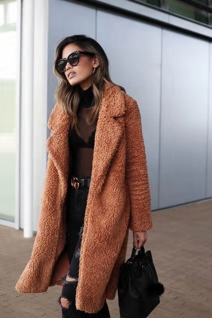 SUENTA Damen Teddy-Mantel Langen Teddyfleece-Mantel Warmer Trendiger Schokolade