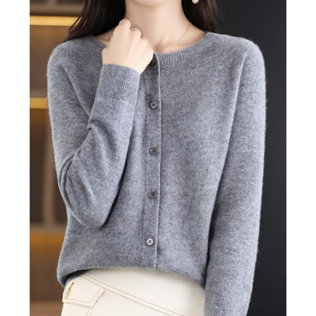 SUENTA Flōre | Damen Strickjacke | Rundhals & Knopfverschluss für zeitlose Wärme Grau