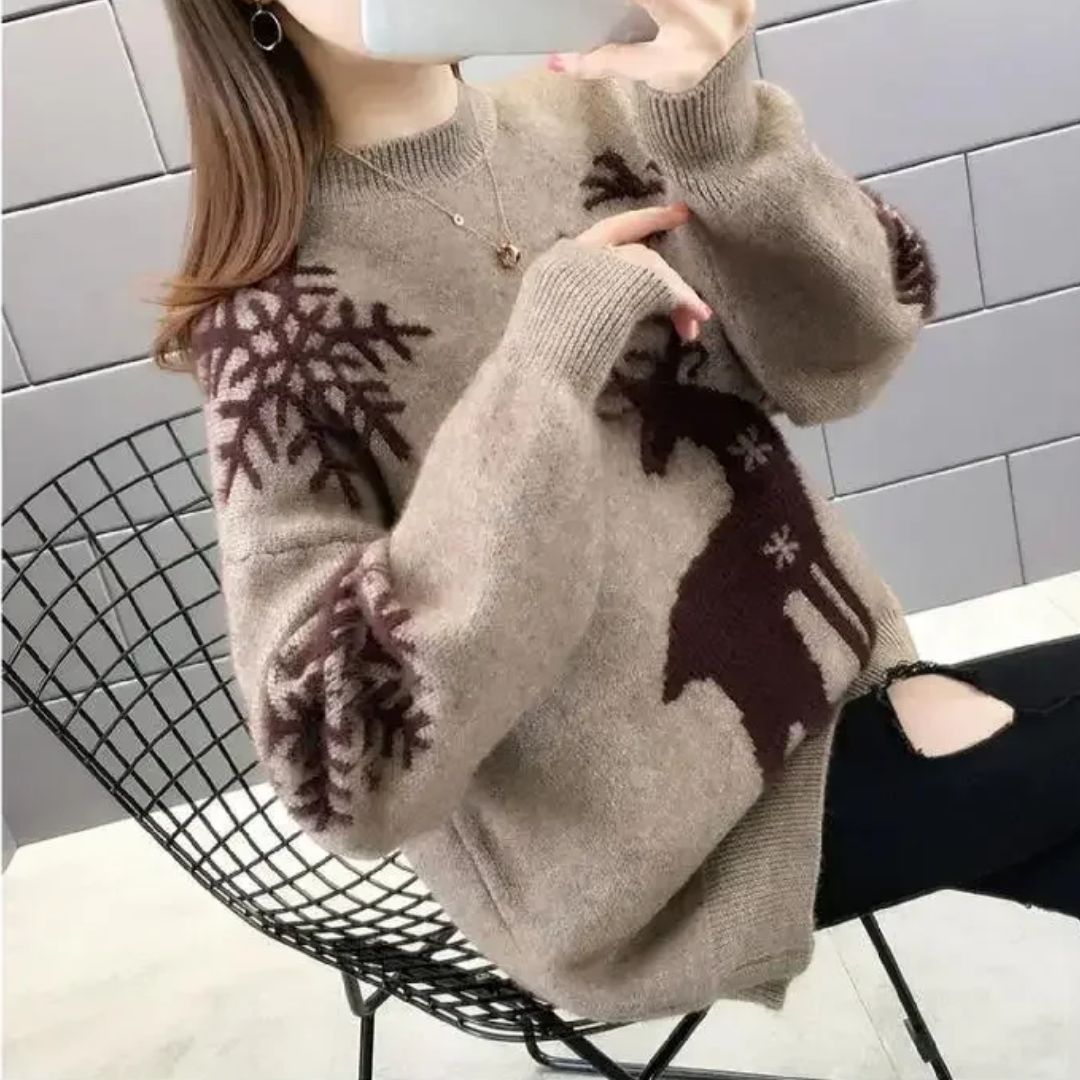 Flōre | Gestrickter Damen-Weihnachtspullover mit Rentiermotiv