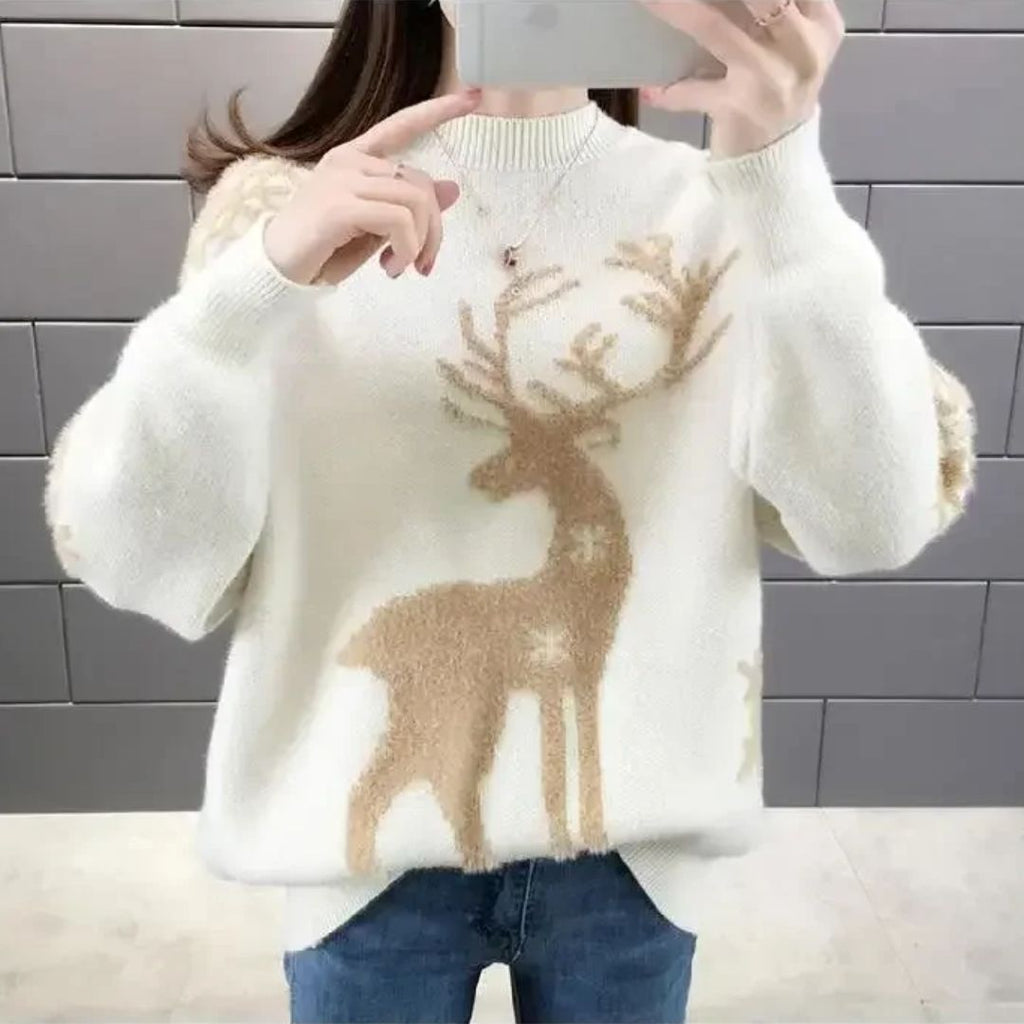 SUENTA Zahara | Gestrickter Damen-Weihnachtspullover mit Rentiermotiv Weiß