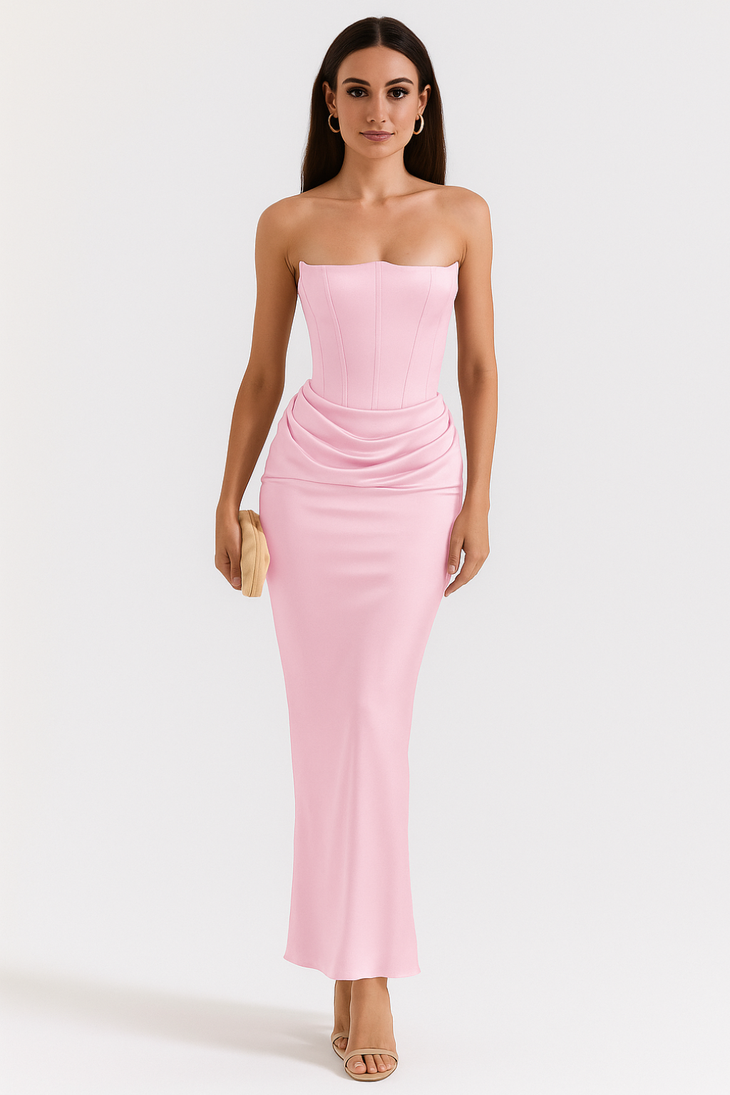 SUENTA Damen Elegantes Trägerloses Maxikleid Bodenlange Form Trägerlose Ausschnitt Rosa