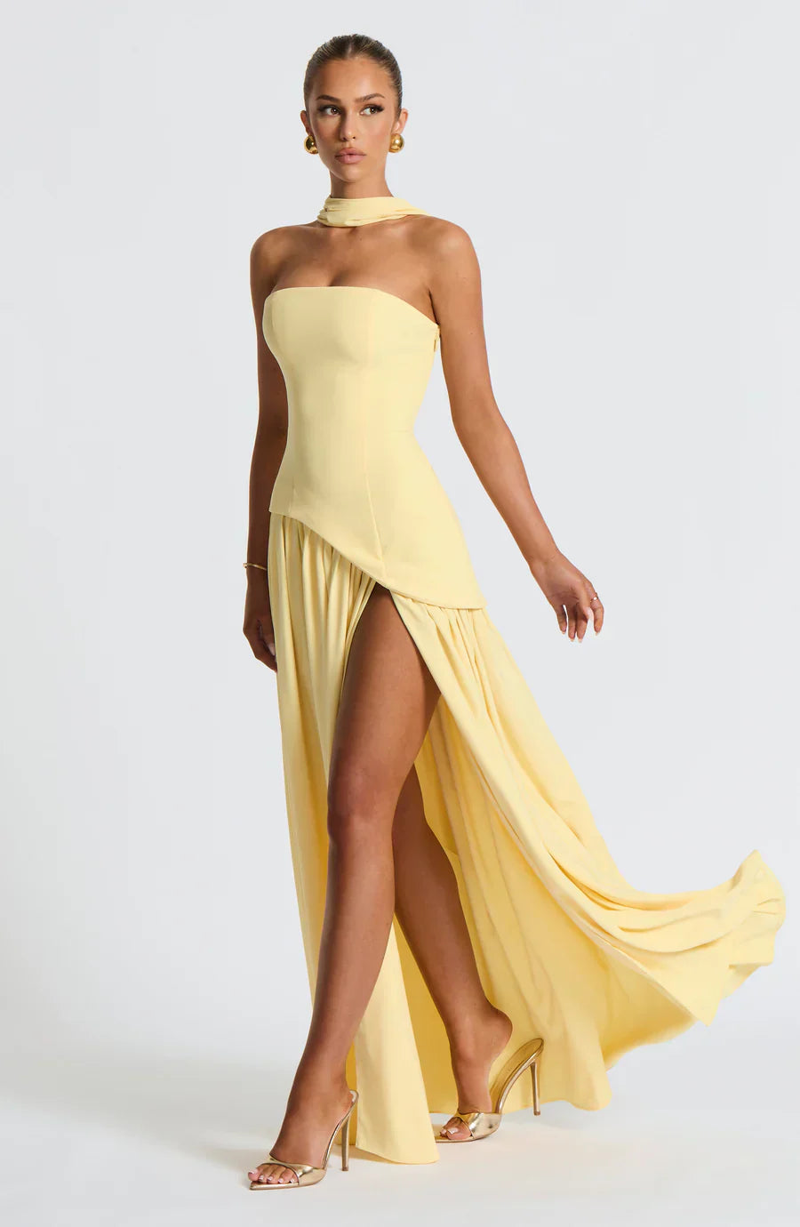 SUENTA Damen Robe Longue Femme Bicolor Abendkleid Hohem Schlitz Passendem Schal Bustier Gelb