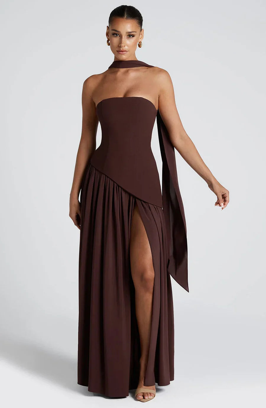 SUENTA Damen Robe Longue Femme Bicolor Abendkleid Hohem Schlitz Passendem Schal Bustier Braun