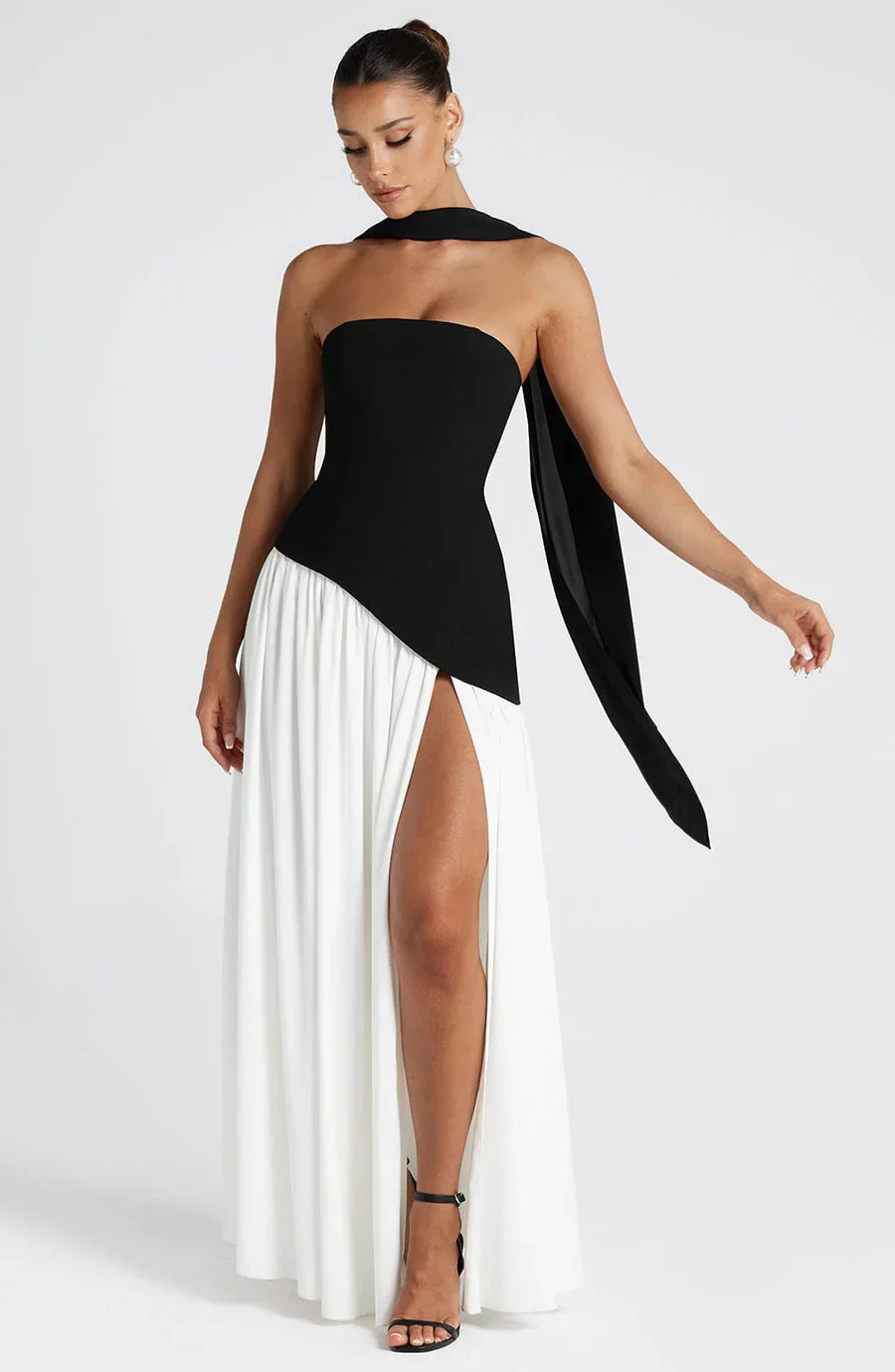 SUENTA Damen Robe Longue Femme Bicolor Abendkleid Hohem Schlitz Passendem Schal Bustier