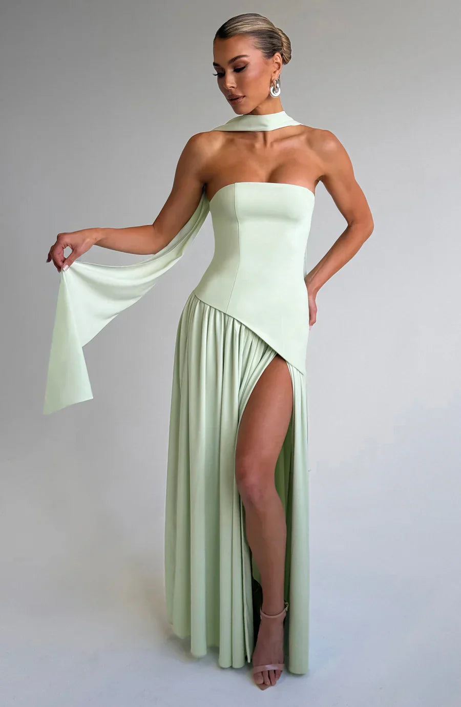 SUENTA Damen Robe Longue Femme Bicolor Abendkleid Hohem Schlitz Passendem Schal Bustier Grün