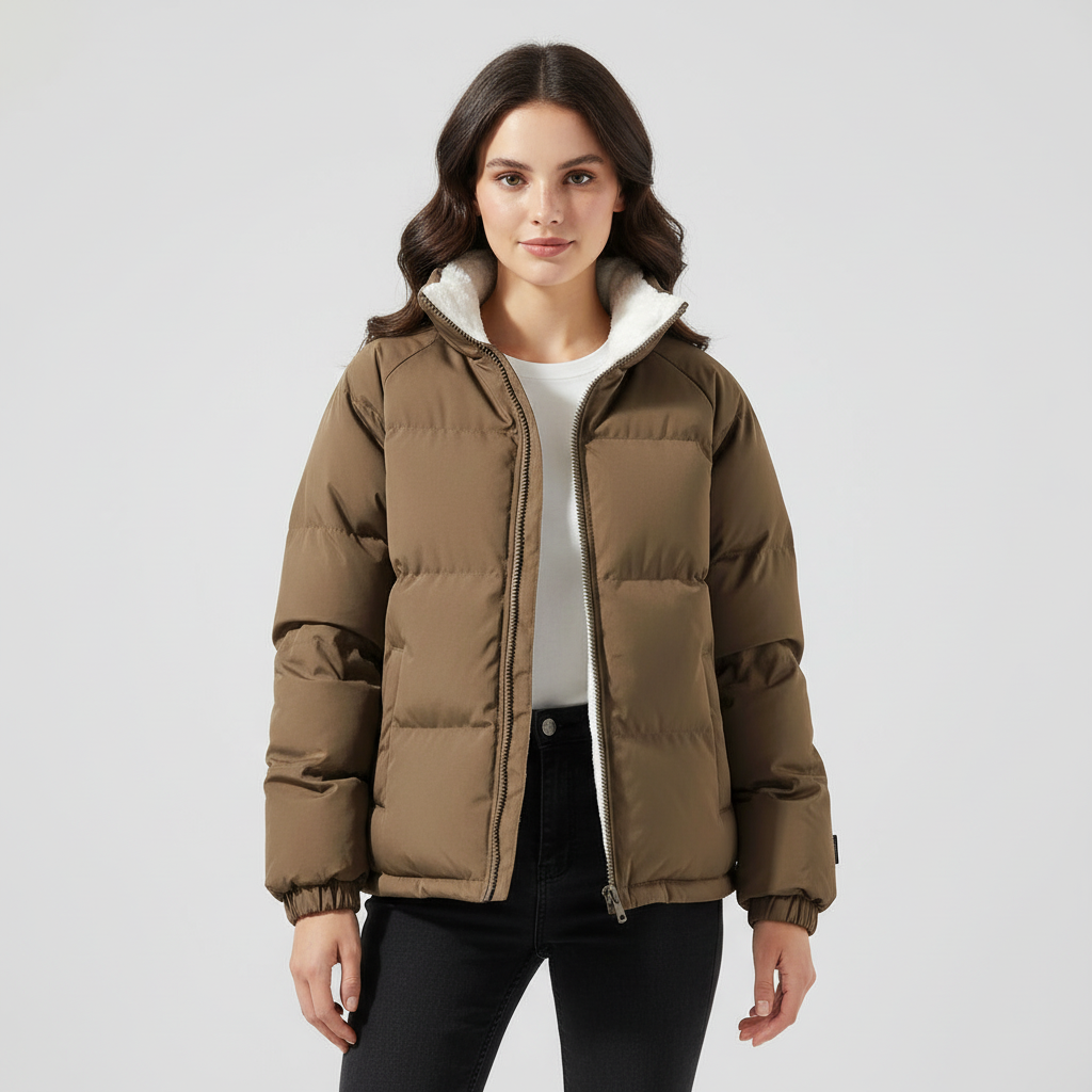 SUENTA Damen Pufferjacke Kapuzenjacke Winter Warm Fleece Gefüttert Polyester Braun