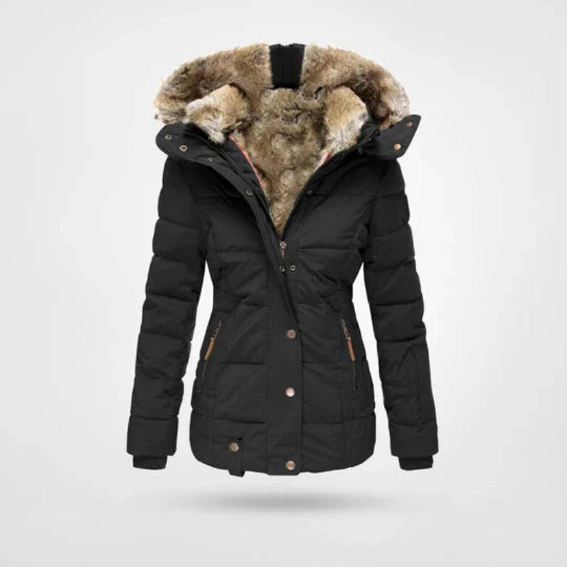 SUENTA Sephira | Wintermantel Damen | Gefütterte Kapuze & Doppelverschluss Schwarz