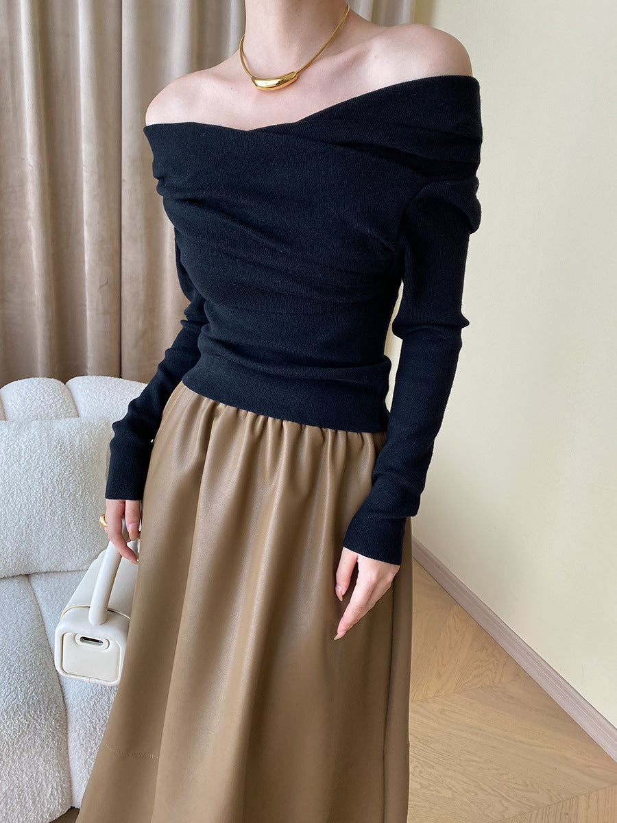 SUENTA Damen Yasmin Off-Shoulder Stricktop Wickelstil Feminine Silhouette Schwarz
