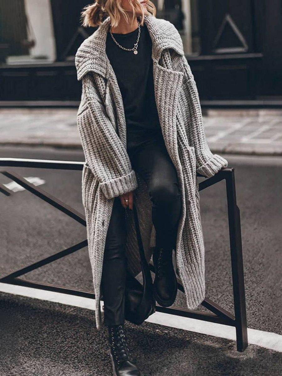 SUENTA Isana | Damen Oversized Grobstrick-Cardigan mit Revers und Knöpfen Grau
