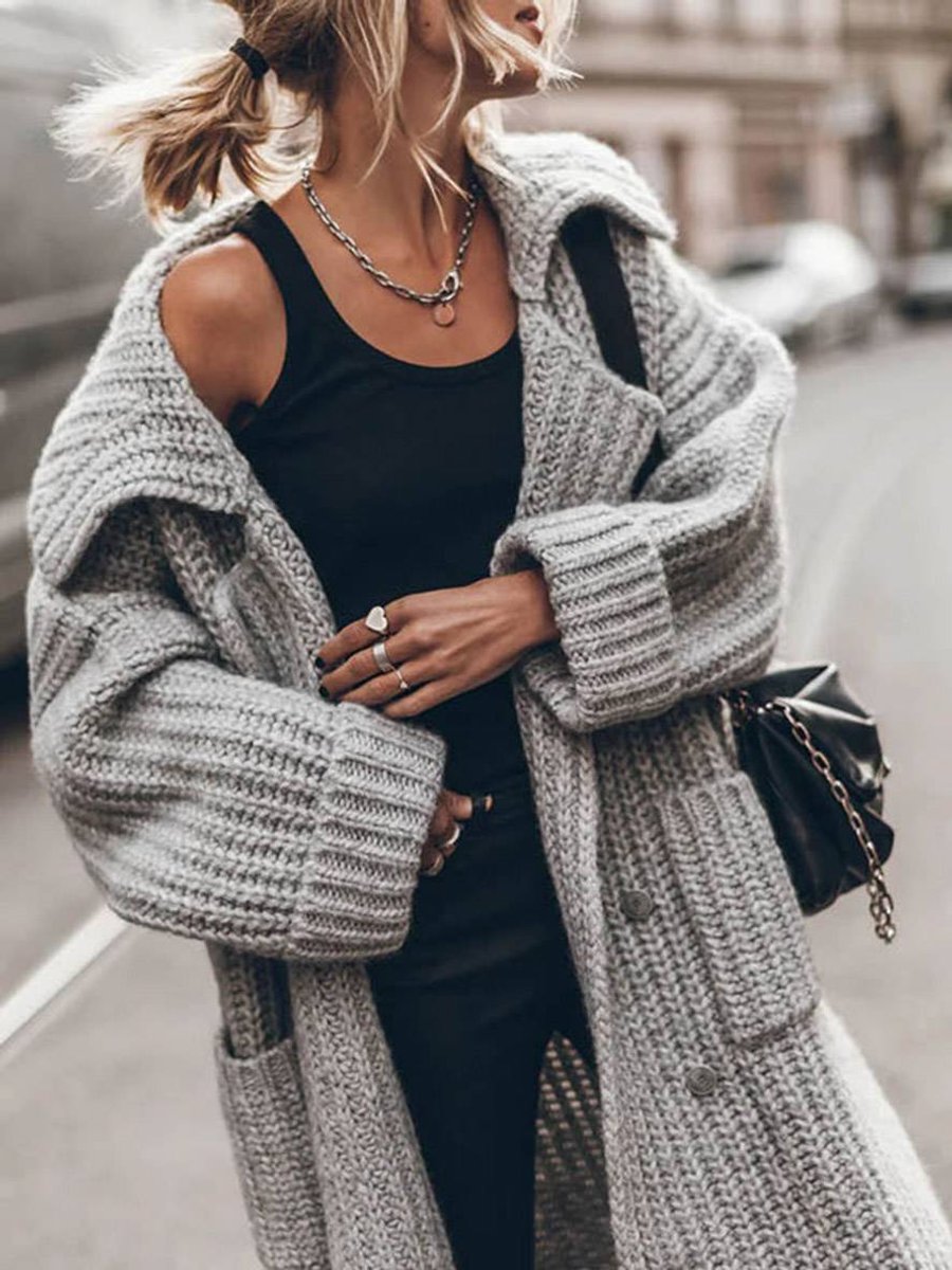 SUENTA Isana | Damen Oversized Grobstrick-Cardigan mit Revers und Knöpfen