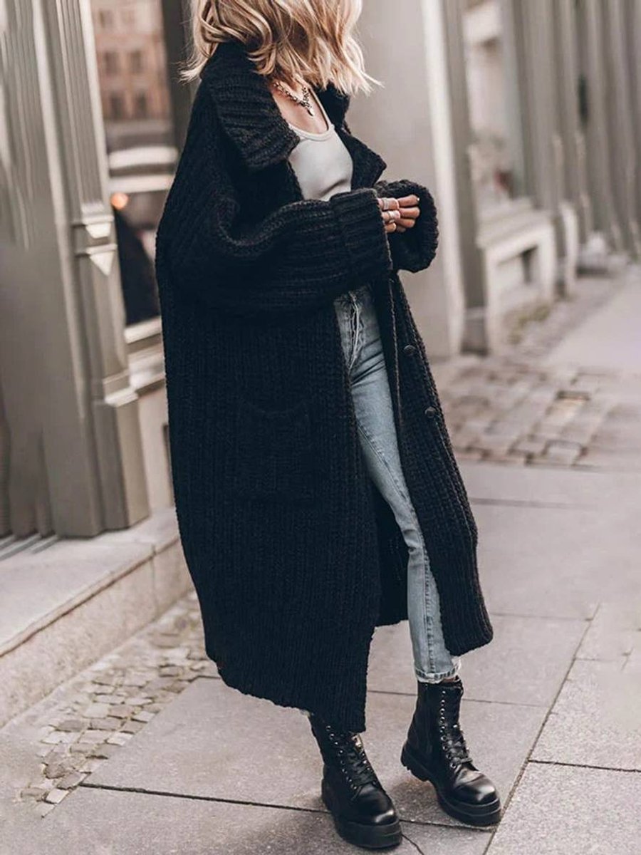 SUENTA Isana | Damen Oversized Grobstrick-Cardigan mit Revers und Knöpfen Schwarz