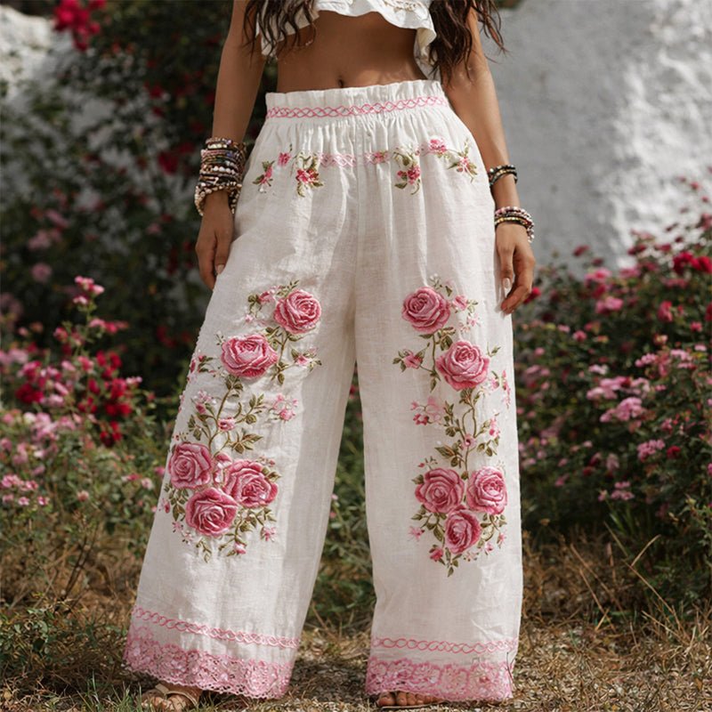 Bersh | Pantalón ancho con bordado floral y cordón ajustable para mujer