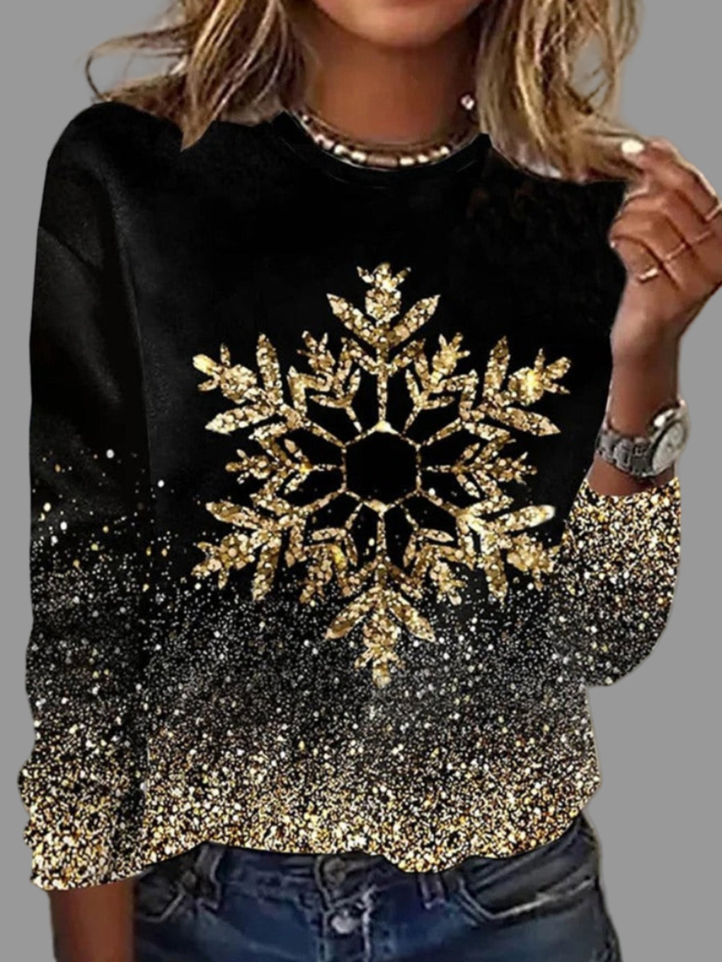 Ēden | Damen-Weihnachtspullover mit goldenen Schneeflocken