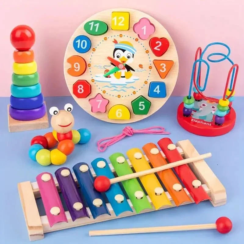 SUENTA EduQuest 5-in-1 Montessori-Aktivitätsspielzeug aus Holz für Babys
