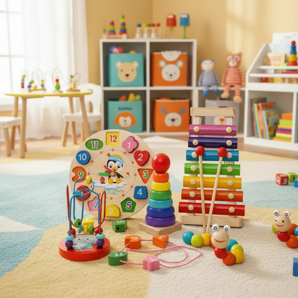 SUENTA EduQuest 5-in-1 Montessori-Aktivitätsspielzeug aus Holz für Babys