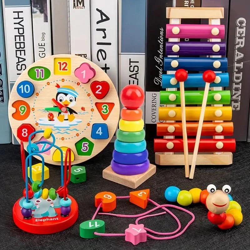 SUENTA EduQuest 5-in-1 Montessori-Aktivitätsspielzeug aus Holz für Babys