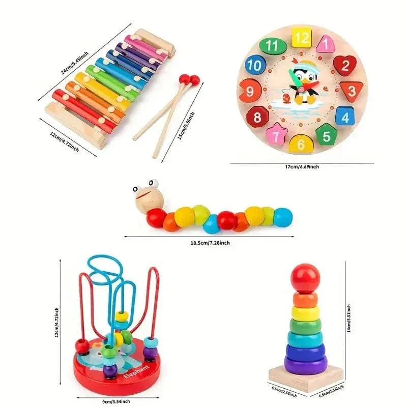 SUENTA EduQuest 5-in-1 Montessori-Aktivitätsspielzeug aus Holz für Babys