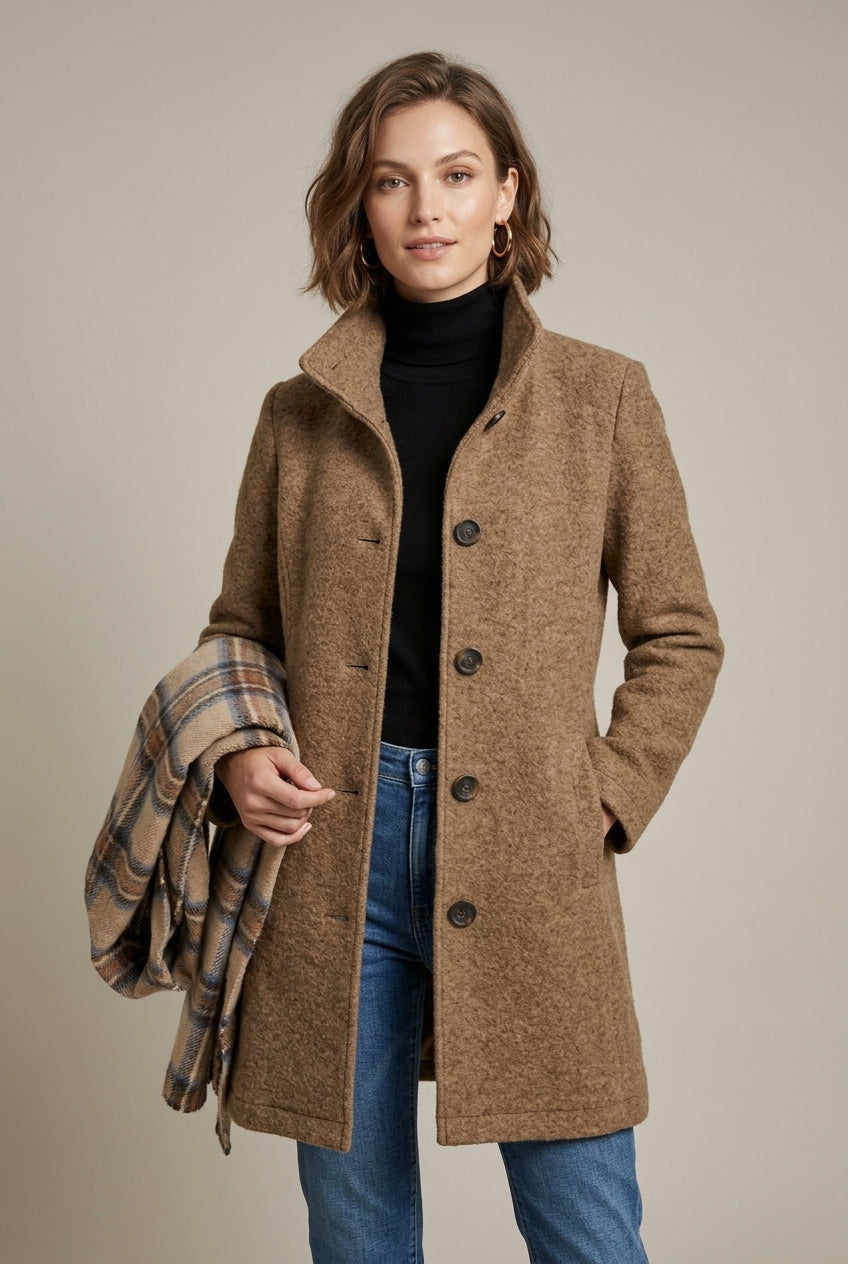 SUENTA Luna | Damen Langarm Wollmischungsmantel mit Kerbkragen und Knopfleiste Khaki
