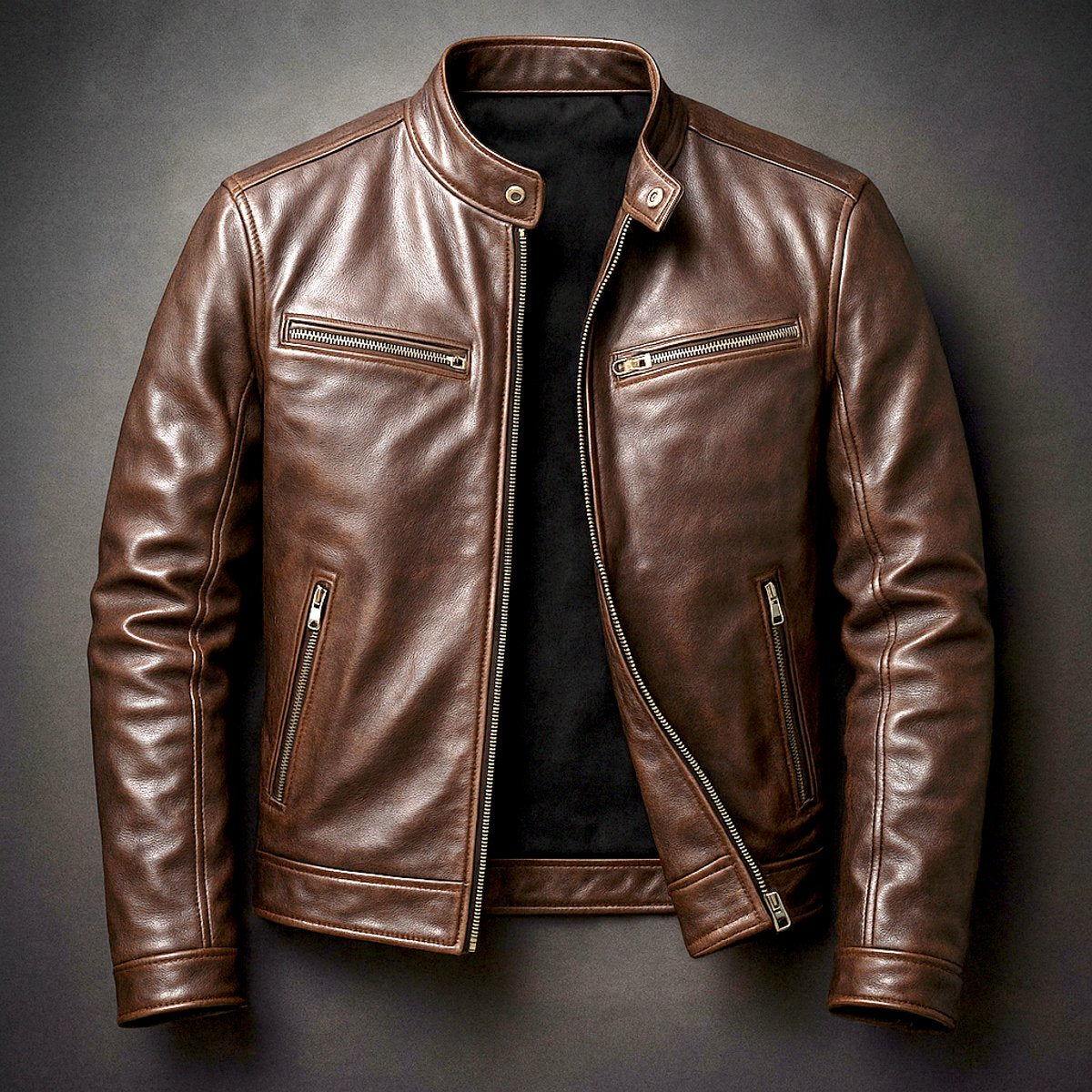SUENTA Admire | Herren Vintage Biker Steppjacke aus Echtleder mit Reißverschluss Zigarrenbraun