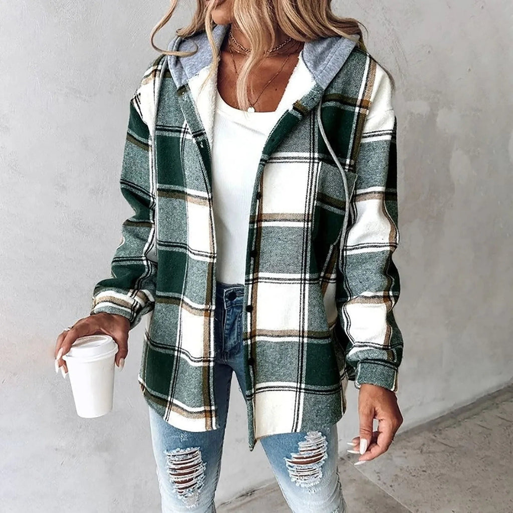 Mechi | Chaqueta con capucha de estilo casual para mujer, para el invierno, con estampado de cuadros