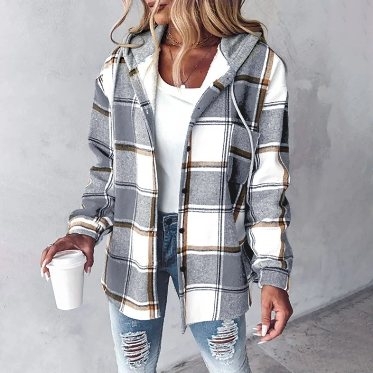 Mechi | Chaqueta con capucha de estilo casual para mujer, para el invierno, con estampado de cuadros