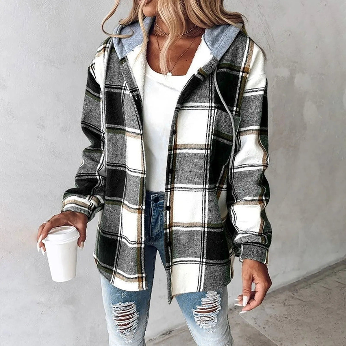Mechi | Chaqueta con capucha de estilo casual para mujer, para el invierno, con estampado de cuadros