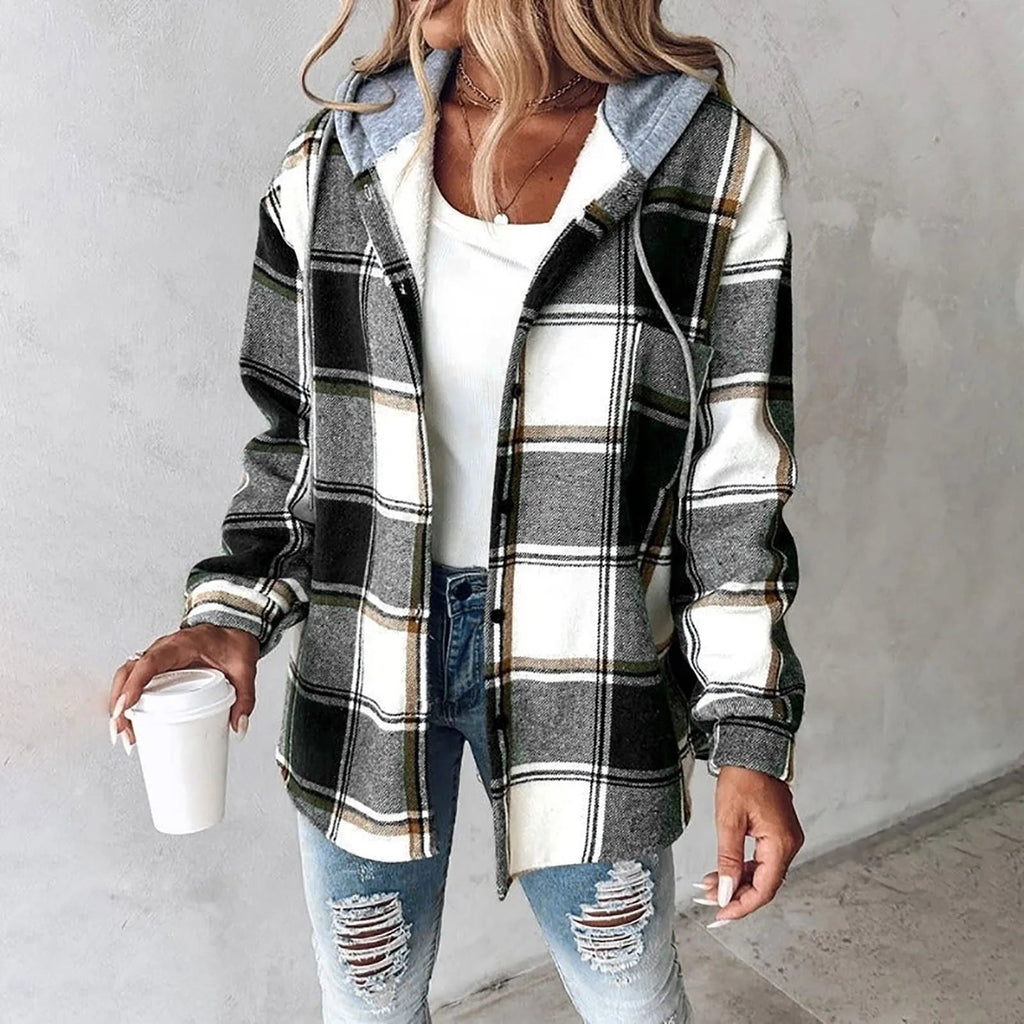 Mechi | Chaqueta con capucha de estilo casual para mujer, para el invierno, con estampado de cuadros