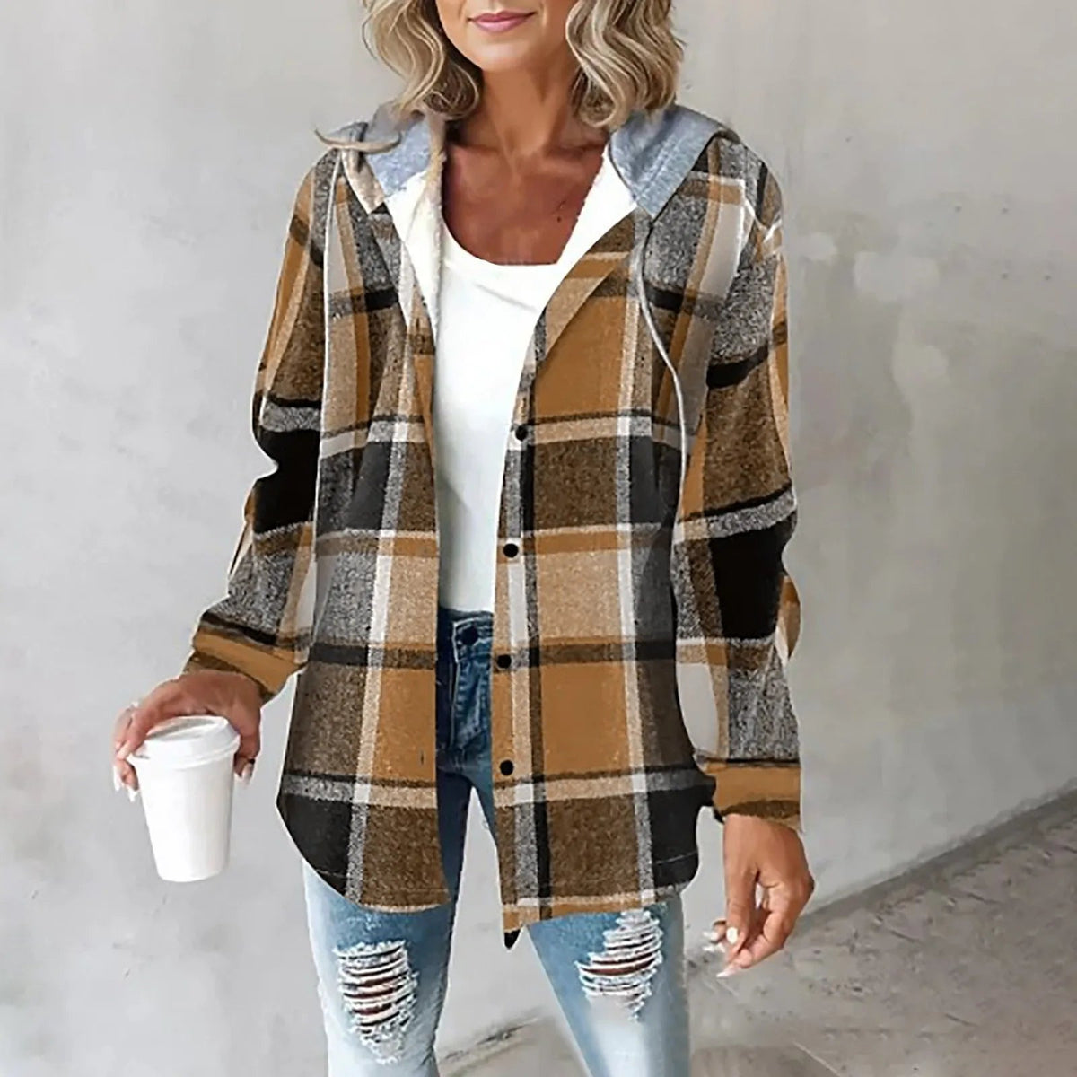 Mechi | Chaqueta con capucha de estilo casual para mujer, para el invierno, con estampado de cuadros
