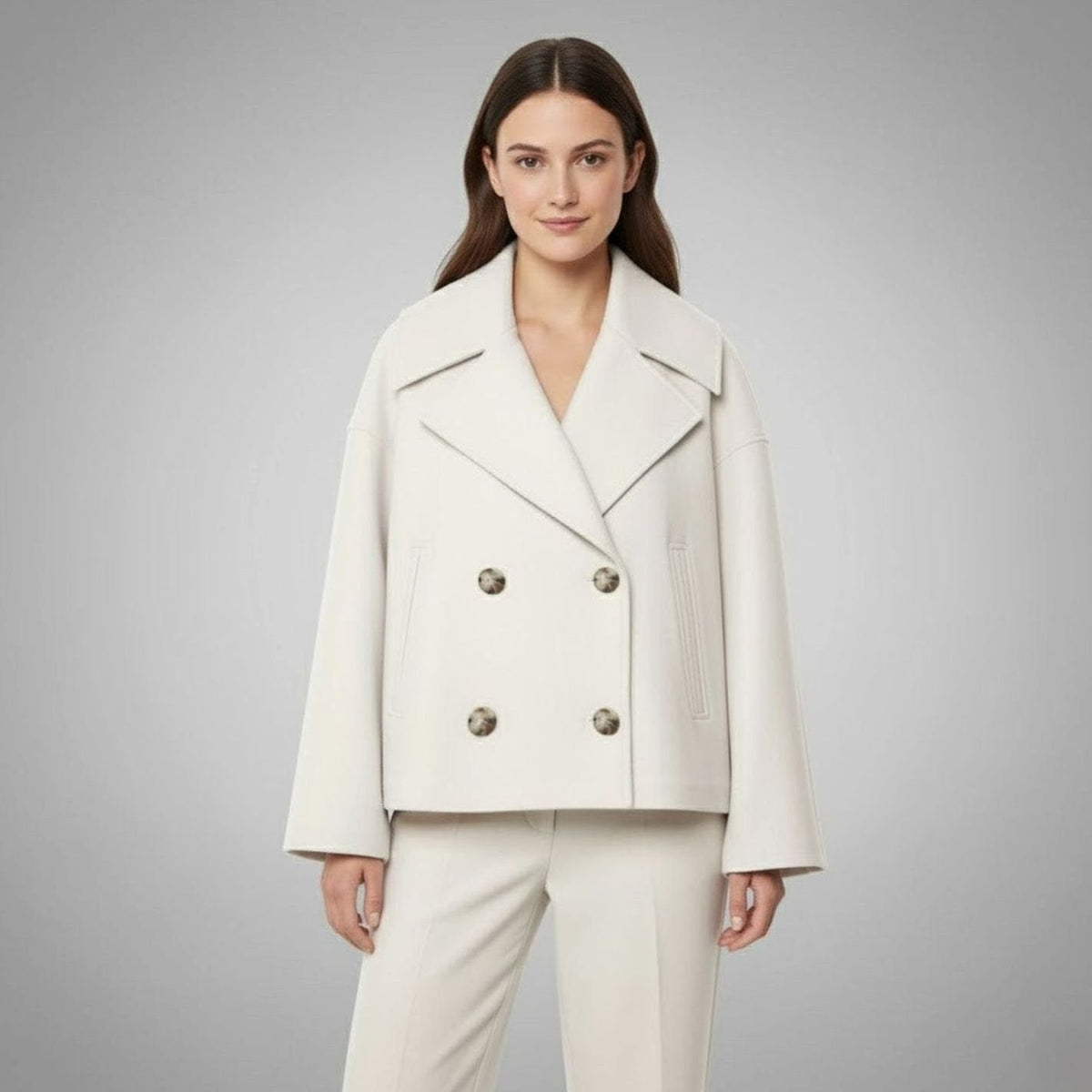 SUENTA Damaris | Eleganter zweireihiger Oversize-Kurzmantel aus Wolle Beige