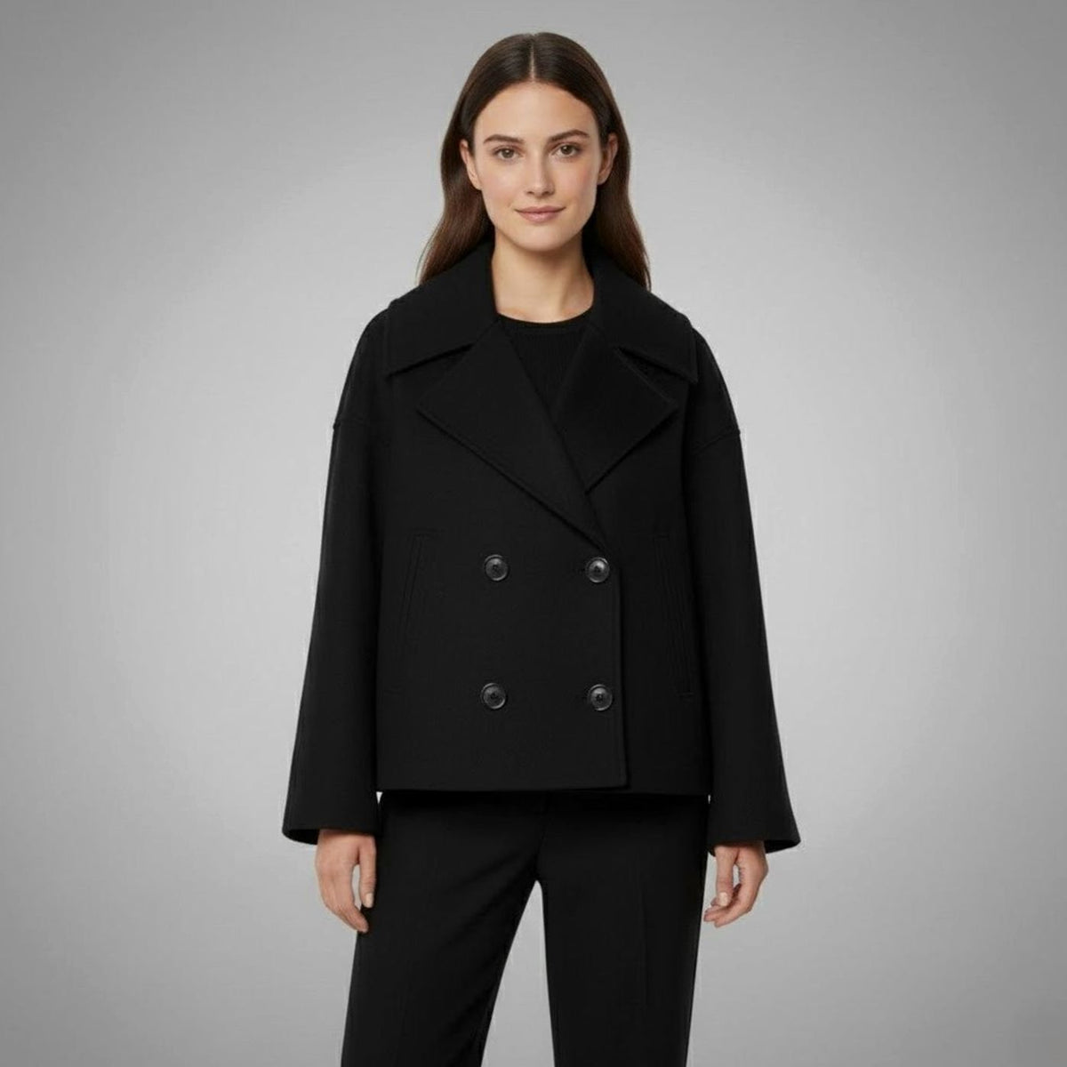 SUENTA Damaris | Eleganter zweireihiger Oversize-Kurzmantel aus Wolle Schwarz