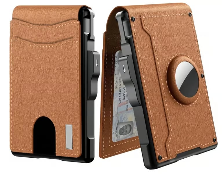 SUENTA Hommes | Pop-Up-Aluminium-Geldbörse mit RFID-Blockierendem Leder-Kartenfach Braun