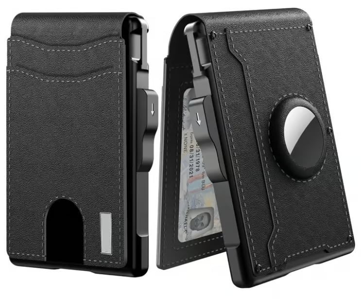 SUENTA Hommes | Pop-Up-Aluminium-Geldbörse mit RFID-Blockierendem Leder-Kartenfach Schwarz