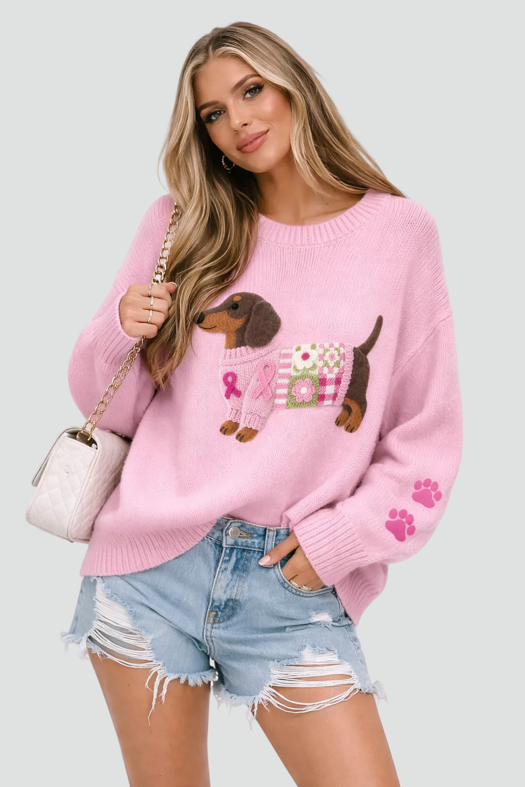 Pamelo | Weicher Damenpullover mit niedlichem Hundeprint und langen Ärmeln