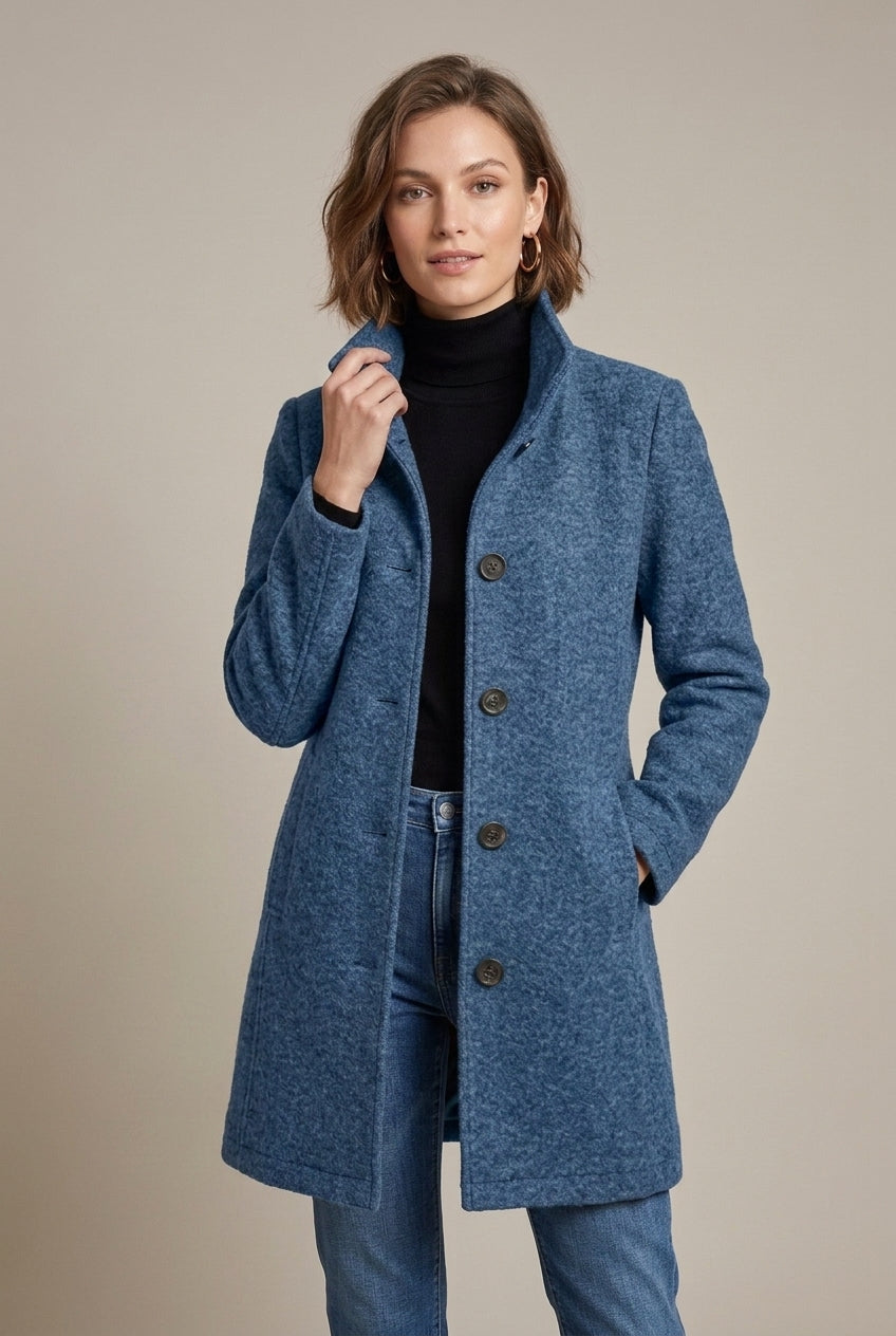 SUENTA Luna | Damen Langarm Wollmischungsmantel mit Kerbkragen und Knopfleiste Blau